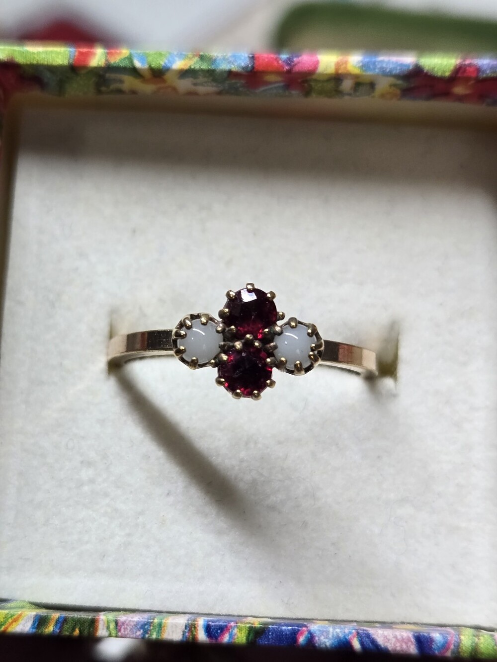 Victorian Gold Filled Ring with Red Garnet and White Pearl Accent